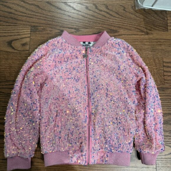 LOLA AND THE BOYS PINK SEQUIN BOMBER JACKET FUZZY LINING SIZE 8 - Picture 2 of 5